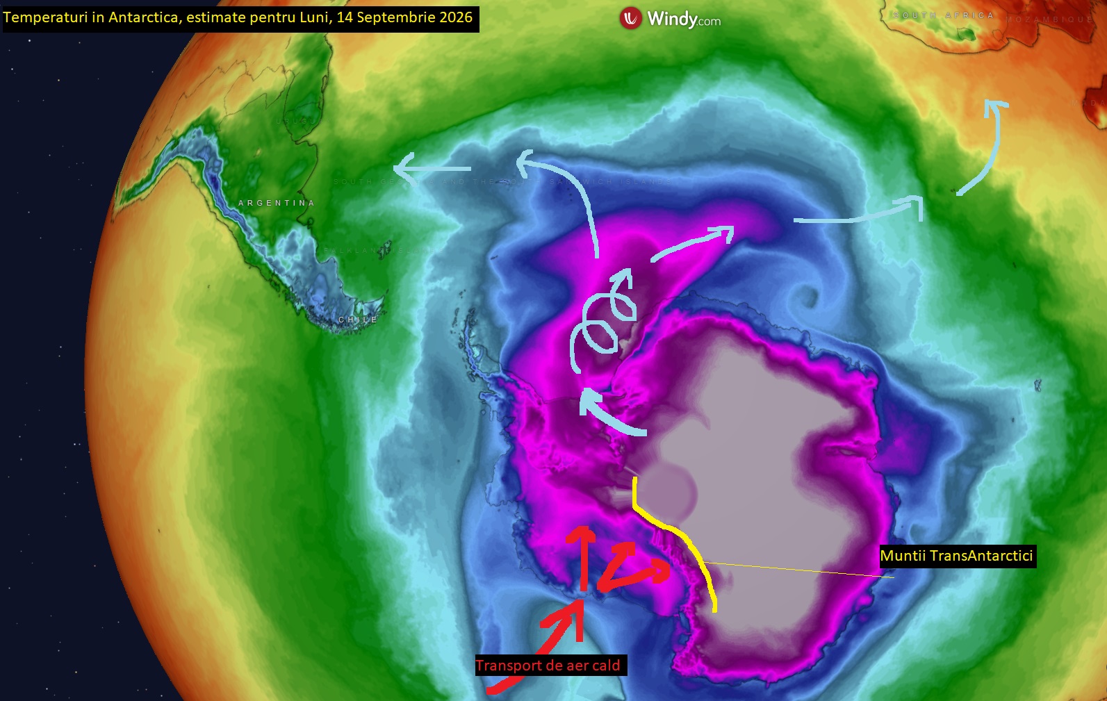 Temperaturi estimate pentru Luni, 14 Septembrie 2026 în zona Antarcticii