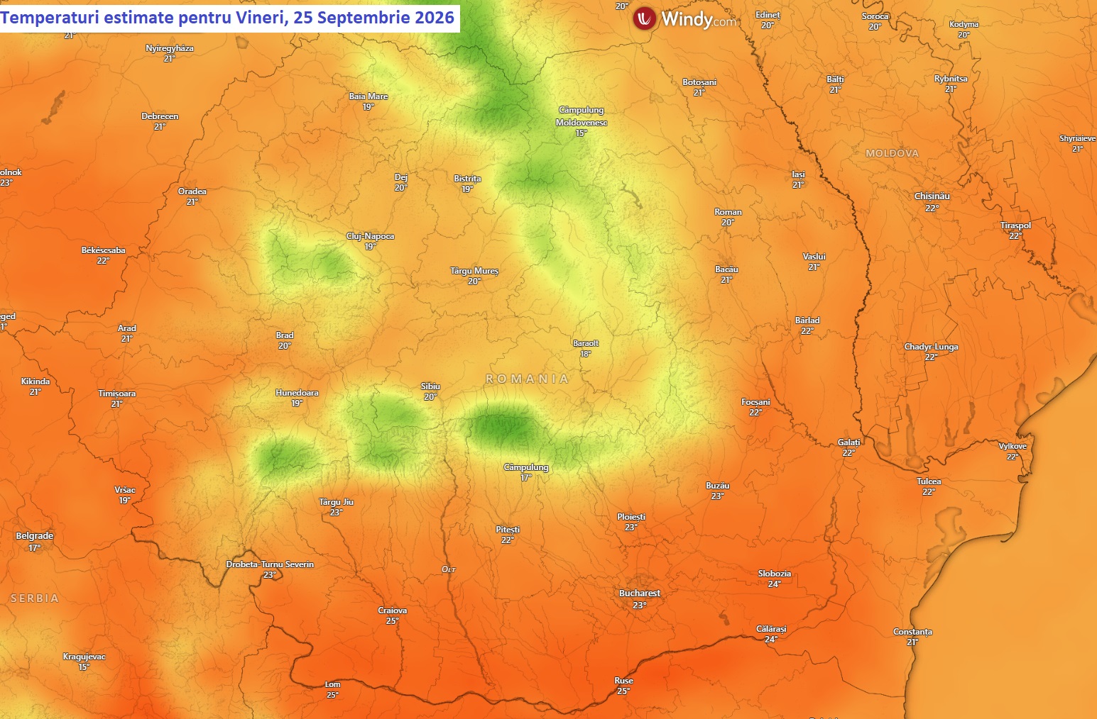 Temperaturi estimate pentru Vineri, 25 Septembrie 2026