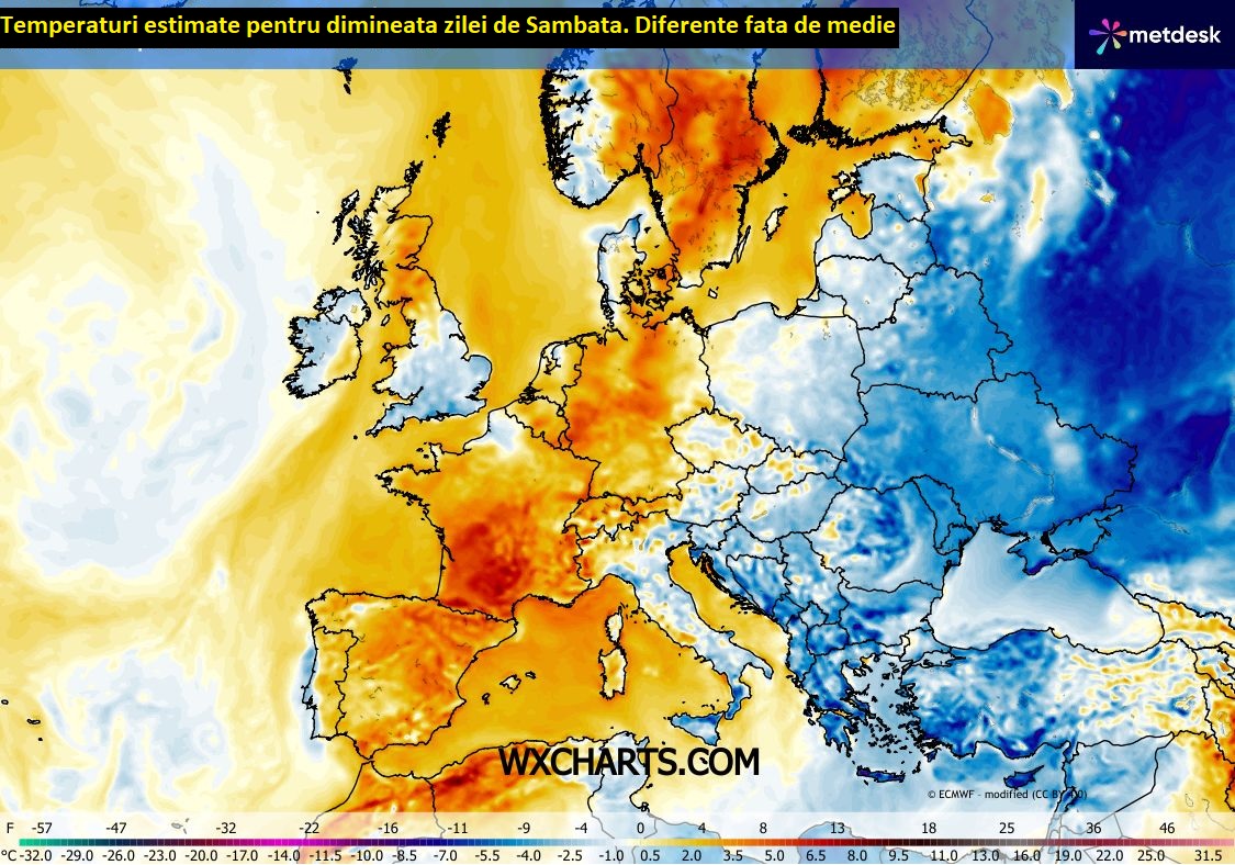 Temperaturi estimate sâmbătă dimineața. Diferențe față de medie.