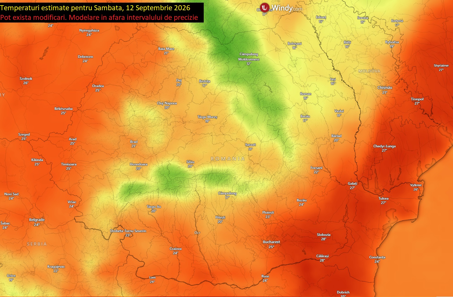 Temperaturi estimate pentru Sâmbătă, 12 Septembrie 2026