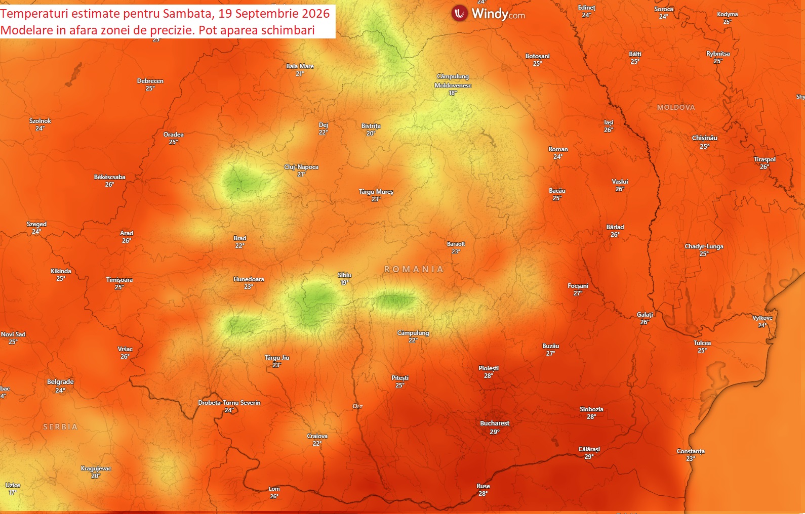 Temperaturi estimate pentru 19 Septembrie 2026