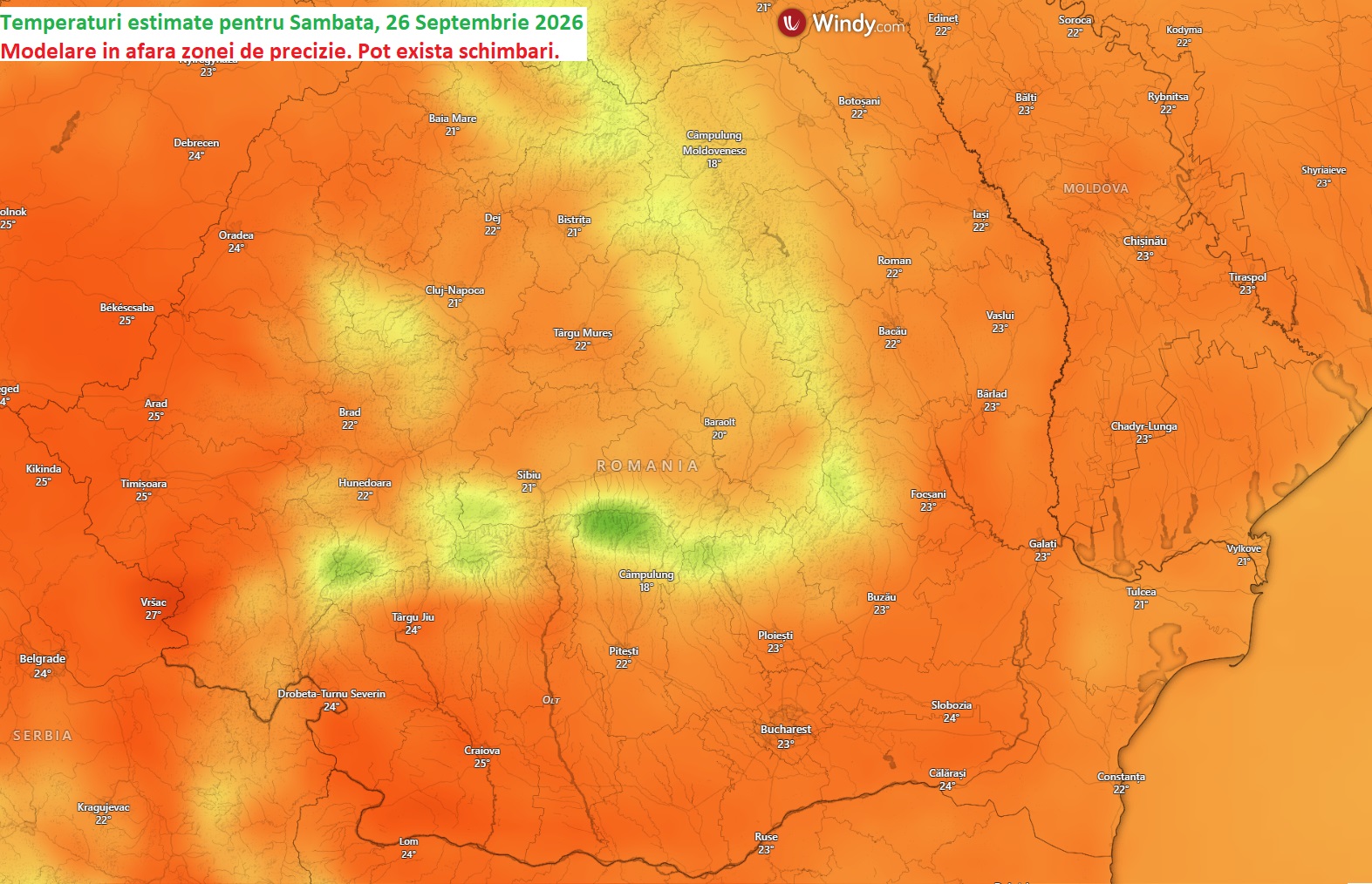 Temperaturi estimate pentru Sâmbătă, 26 Septembrie 2026