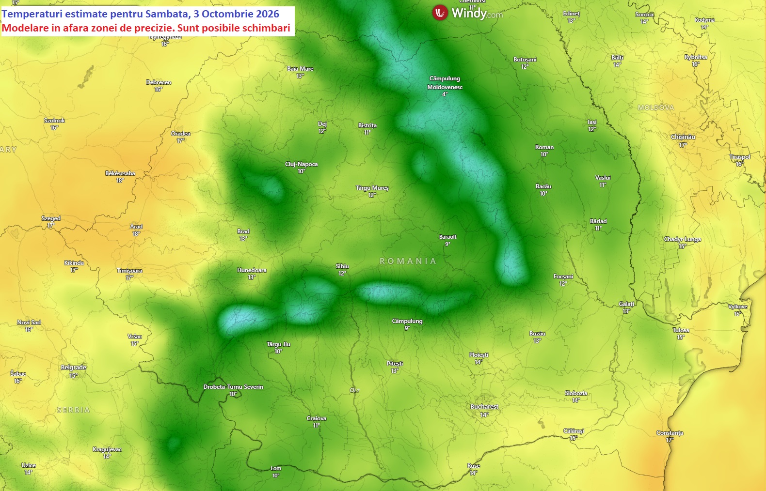 Temperaturi estimate pentru Sâmbătă, 3 octombrie 2026