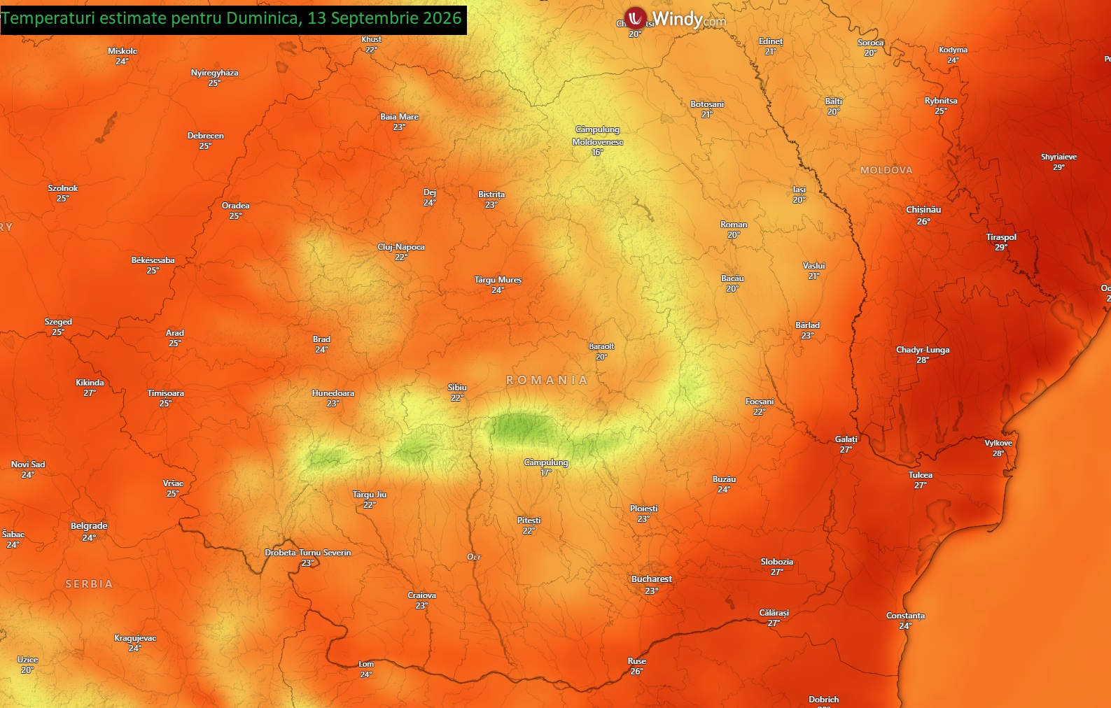 Temperaturi estimate pentru Duminică, 13 Septembrie 2026