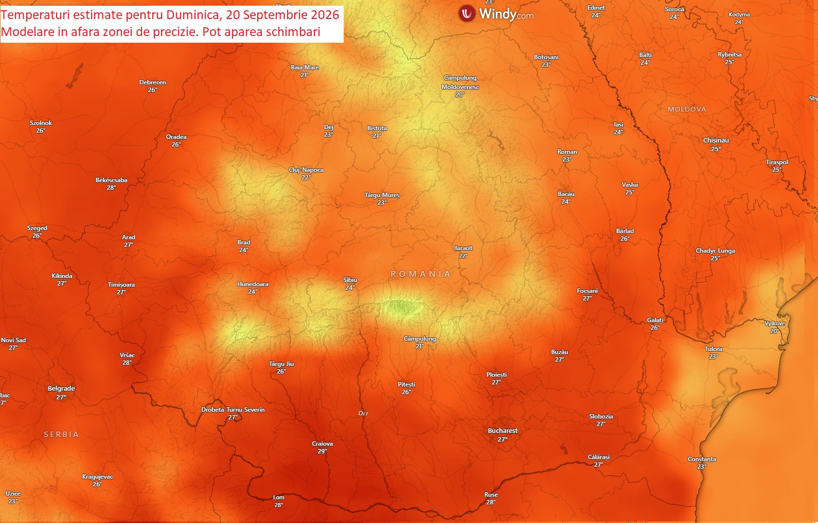 Temperaturi estimate pentru Duminică, 20 Septembrie 2026