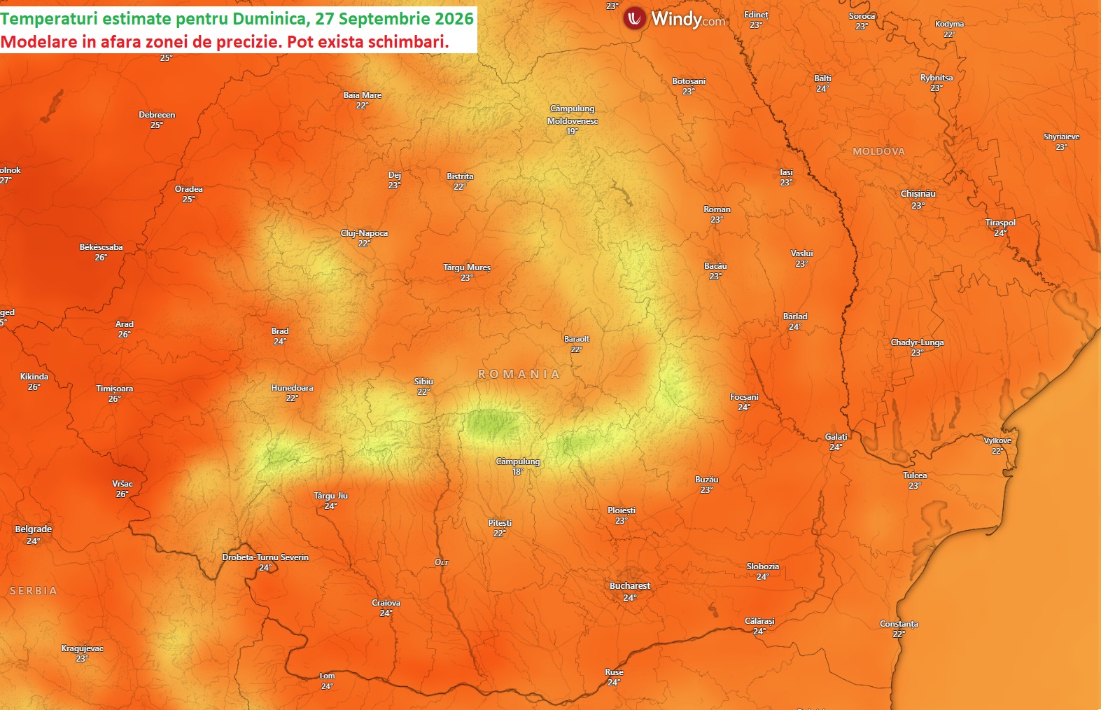 Temperaturi estimate pentru ziua de Duminică, 27 Septembrie 2026