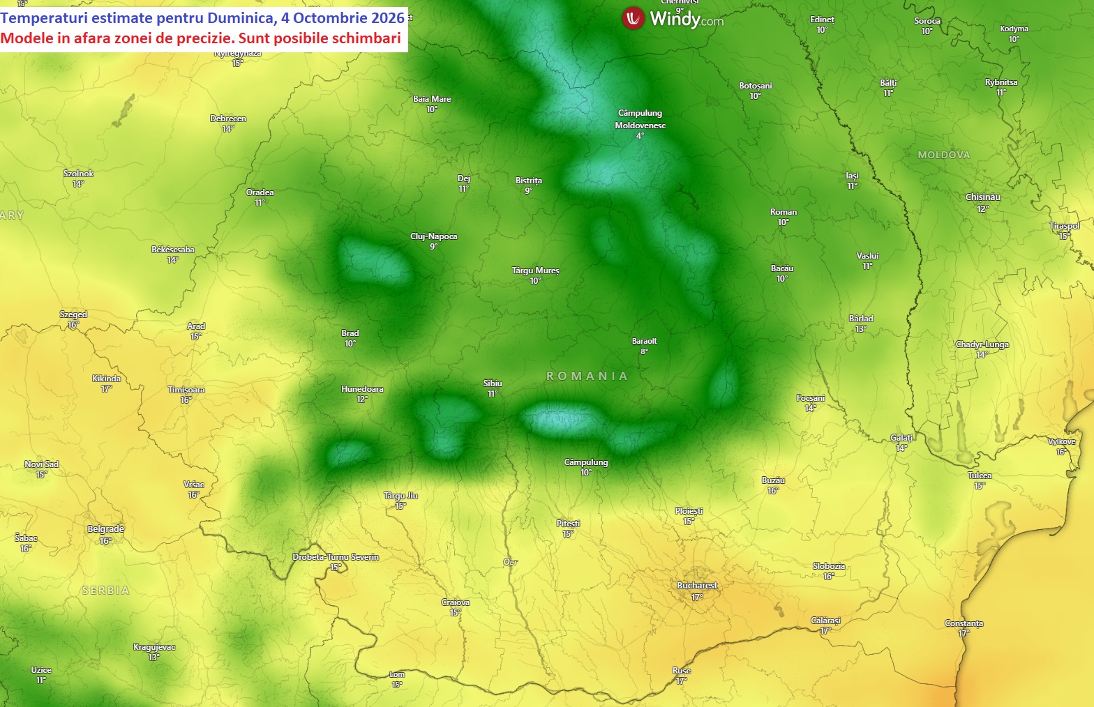 Temperaturi estimate pentru Duminică, 4 octombrie 2026