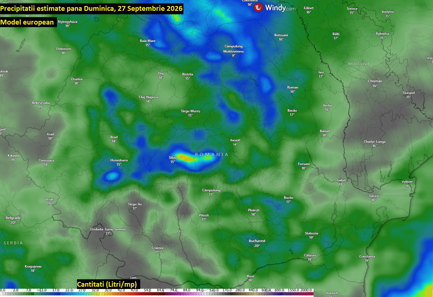 Precipitații estimate până Duminică, 27 Septembrie 2026. Model european