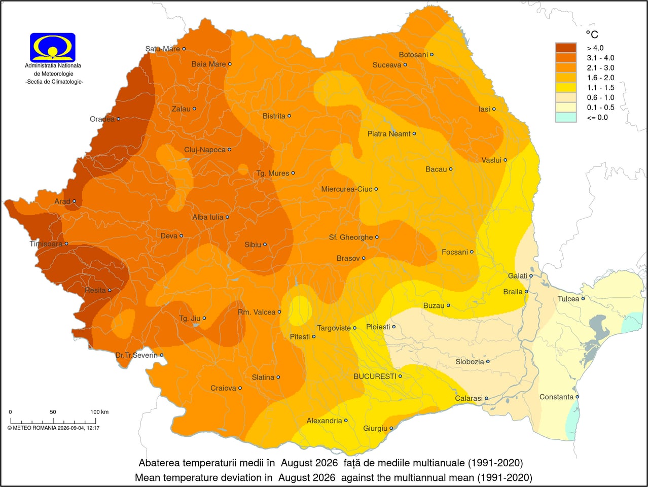 Temperaturi inregistrate in August 2026. Diferente fata de medie