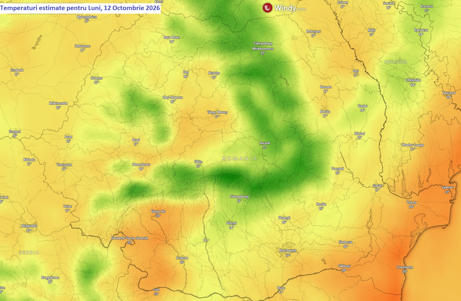 Temperaturi estimate pentru Luni, 12 Octombrie 2026
