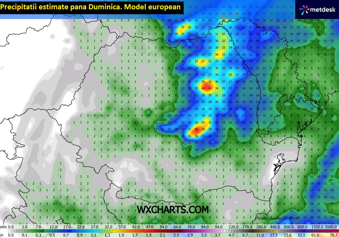 Precipitații estimate până Duminică. Model european