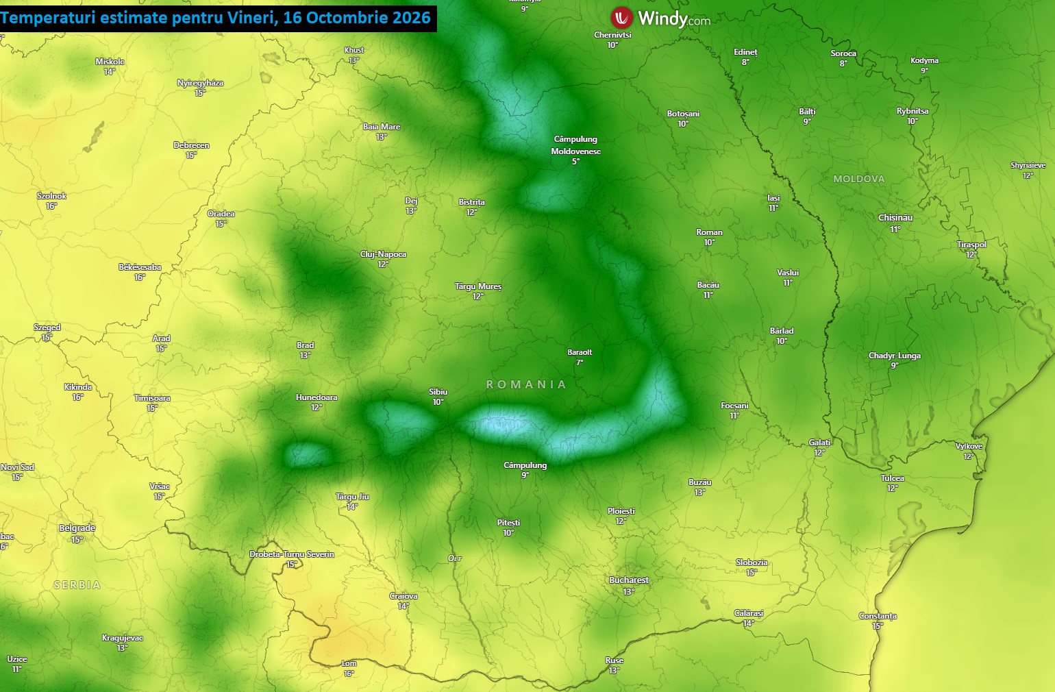 Temperaturi estimate pentru Vineri, 16 Octombrie 2026