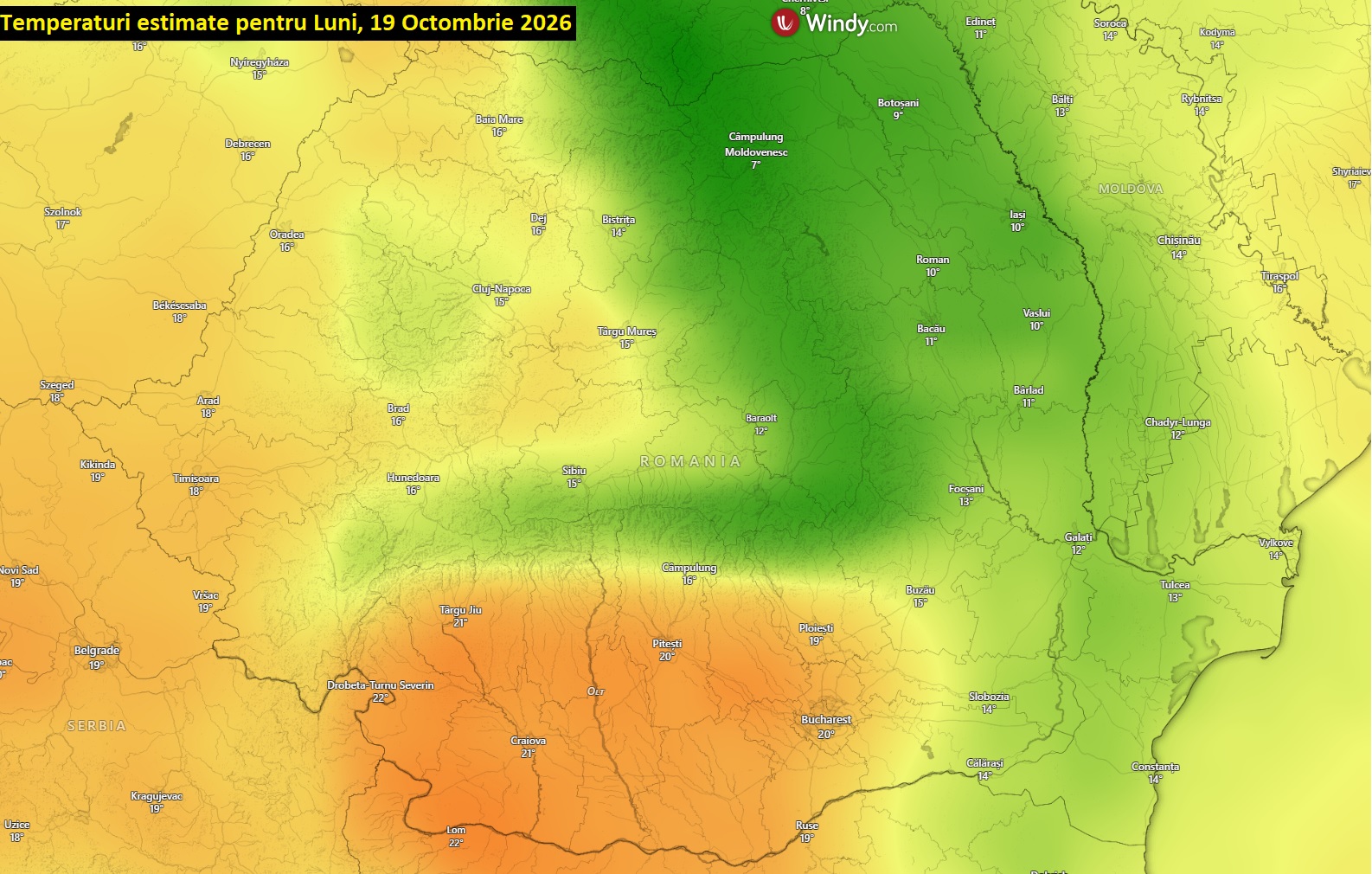 Temperaturi estimate pentru Luni, 19 Octombrie 2026