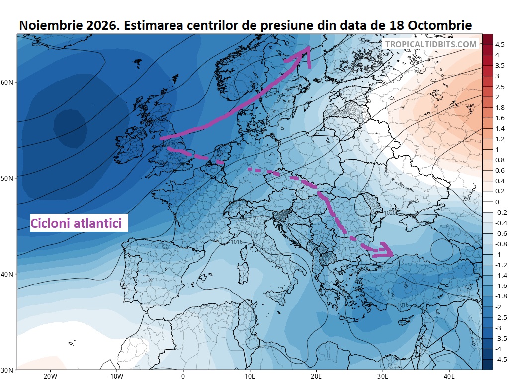 Circulatia centrilor de presiune estimata pentru Noiembrie