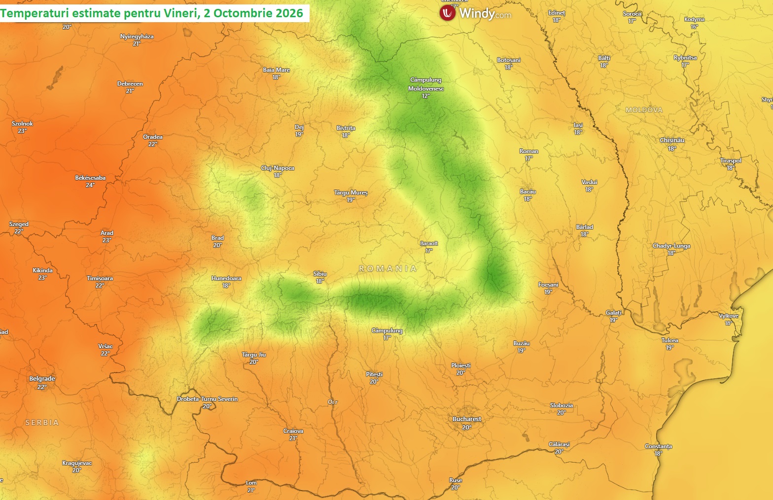 Temperaturi estimate pentru Vineri, 2 Octombrie 2026