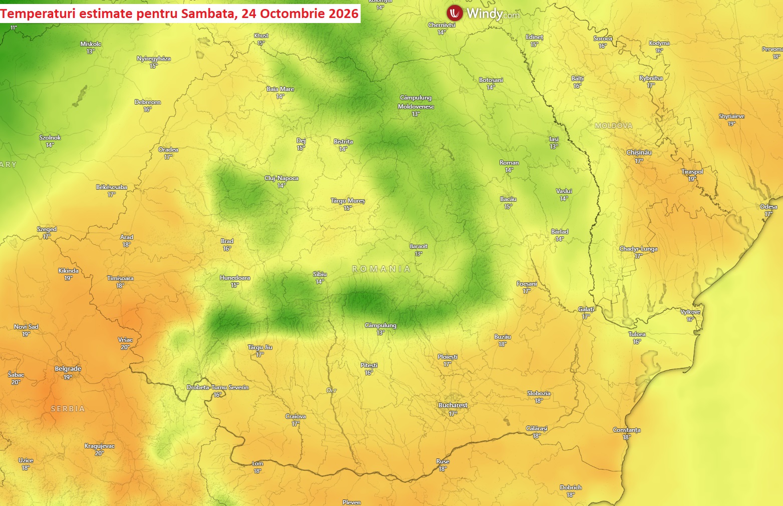 Temperaturi estimate pentru Sambata, 24 Octombrie 2026