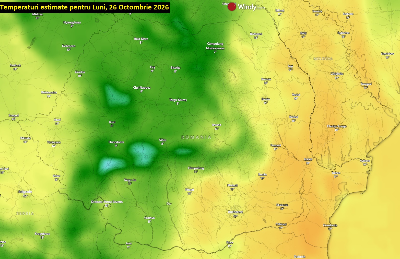 Temperaturi estimate pentru Luni, 26 Octombrie 2026