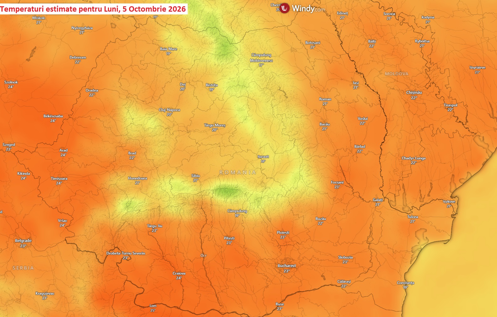 Temperaturi estimate pentru Luni, 5 Octombrie 2026