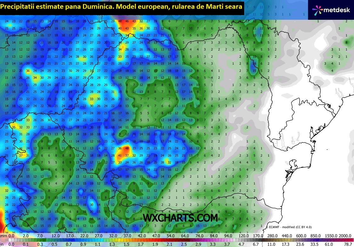 Precipitatii estimate pana Duminica. Model european, rulare de Marti seara