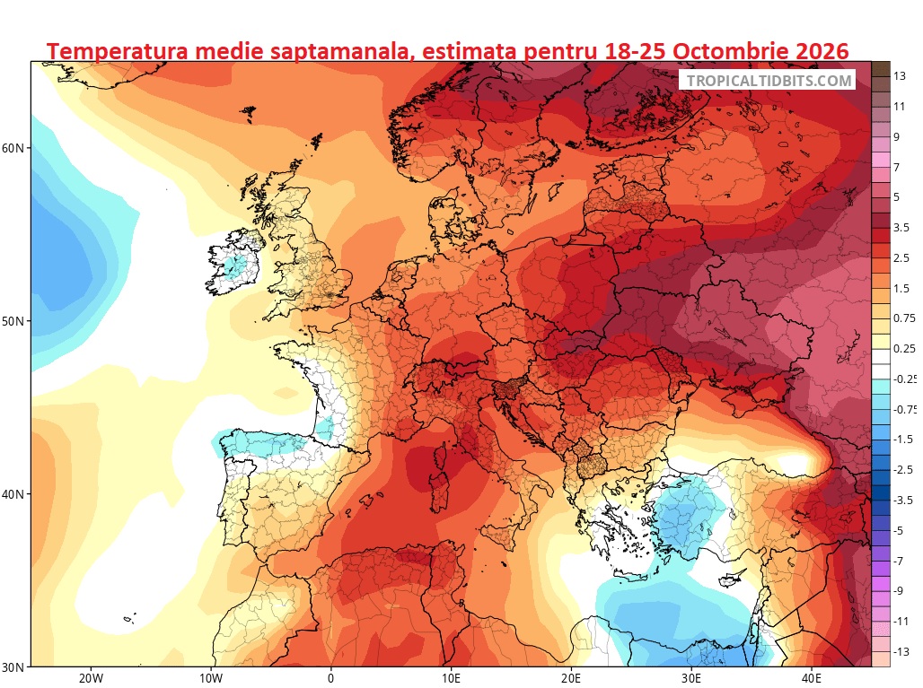 Temperatura medie saptamanala, estimata pentru 18-25 Octombrie 2026