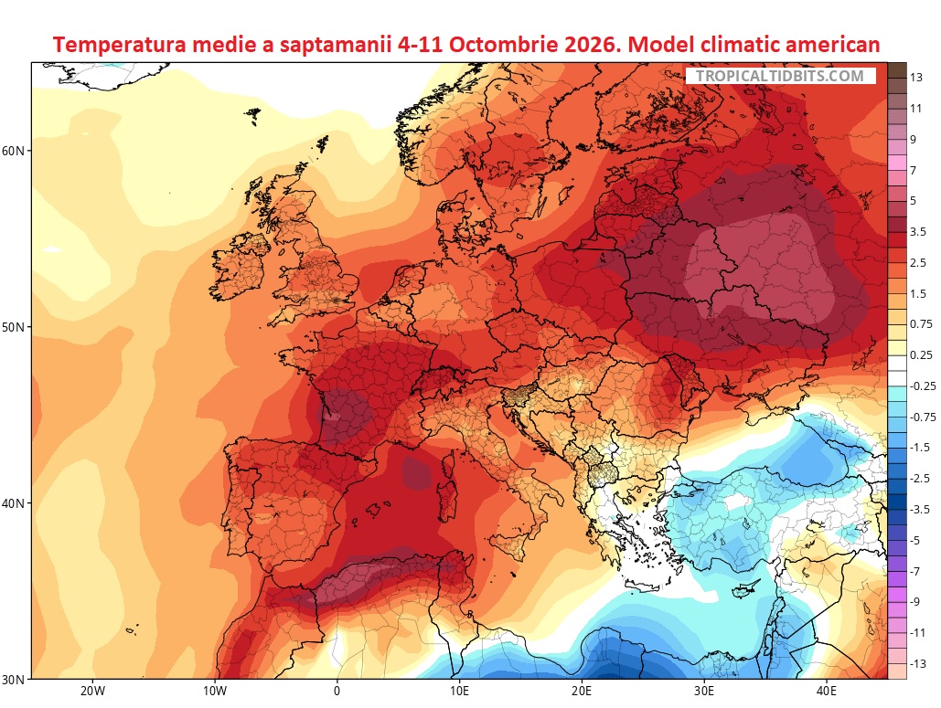 Temperatura medie saptamanala estimata pentru 4-11 Octombrie 2026