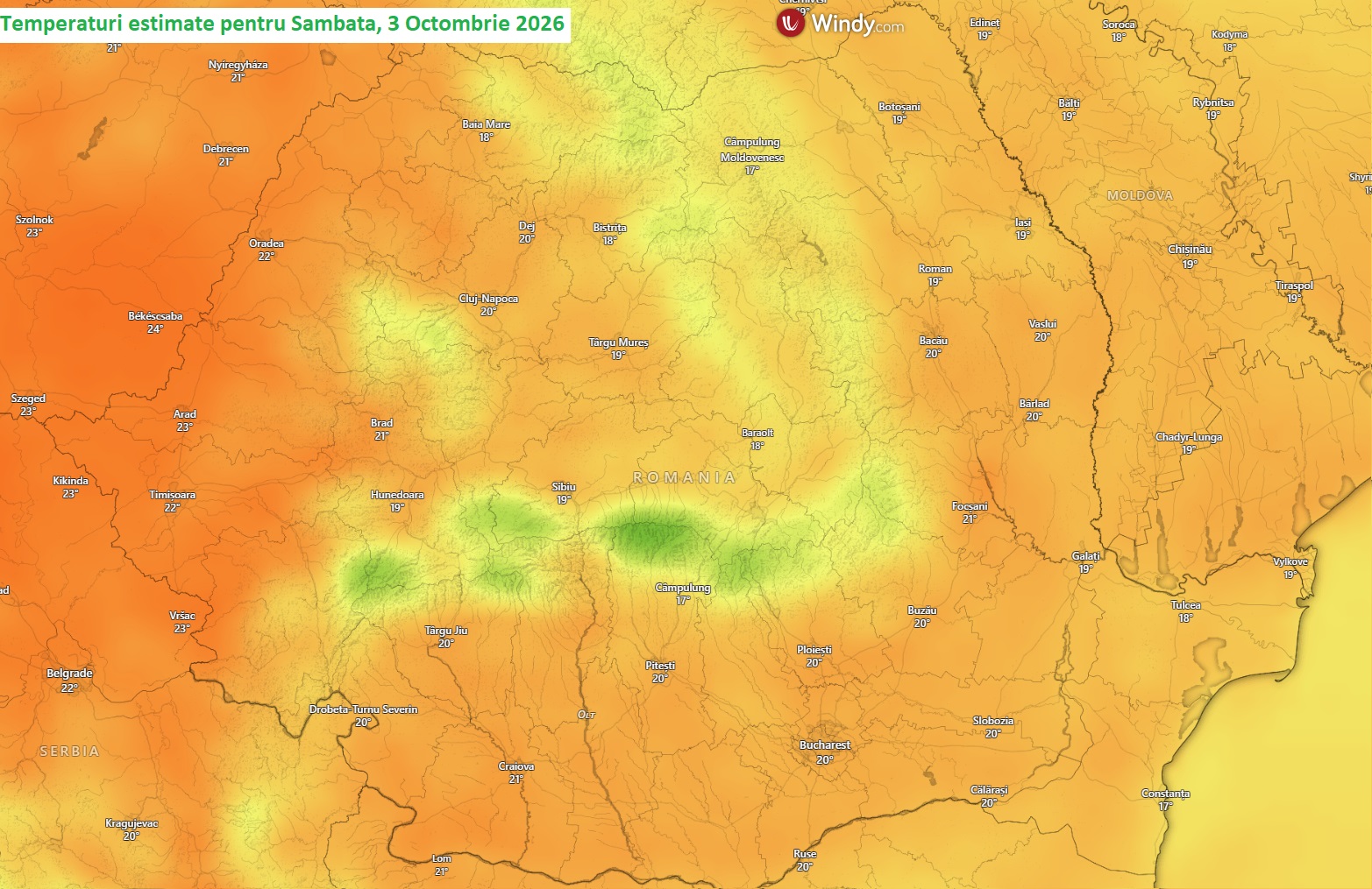 Temperaturi estimate pentru Sambata, 3 Octombrie 2026