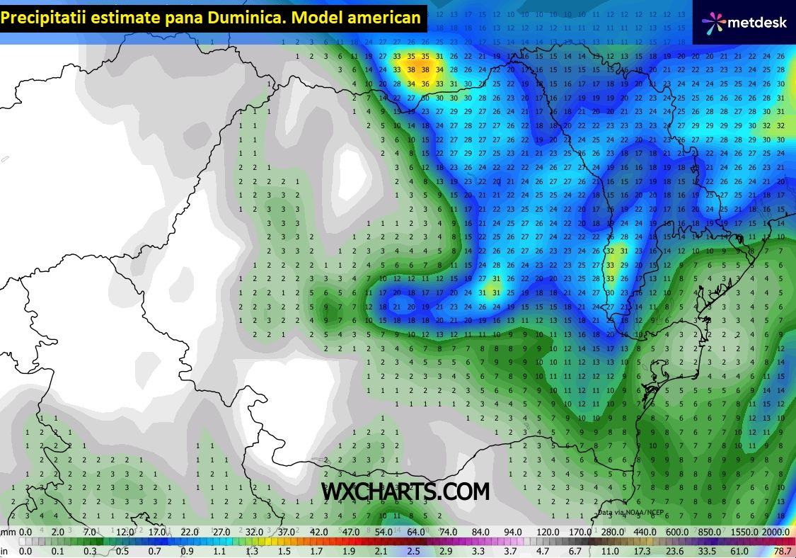 Precipitații estimate până Duminică. Model american