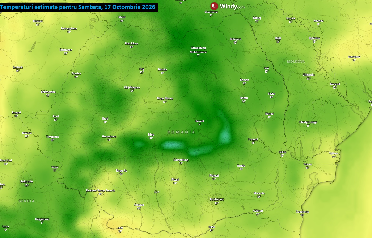 Temperaturi estimate pentru Sâmbătă, 17 Octombrie 2026