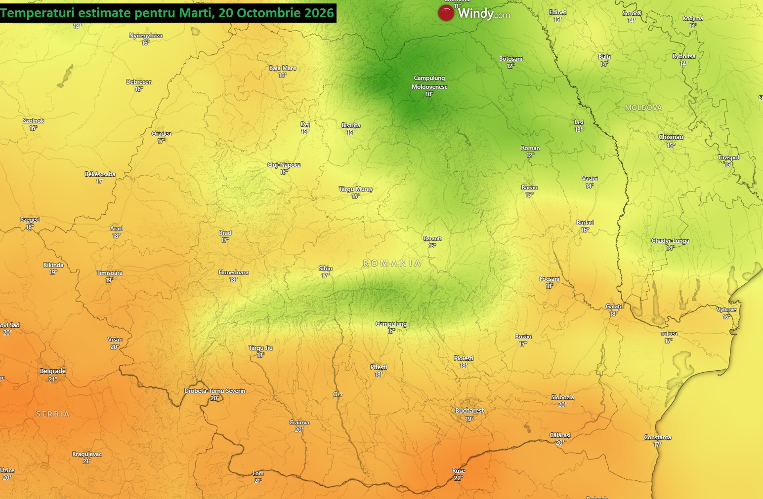 Temperaturi estimate pentru Marți, 20 Octombrie 2026