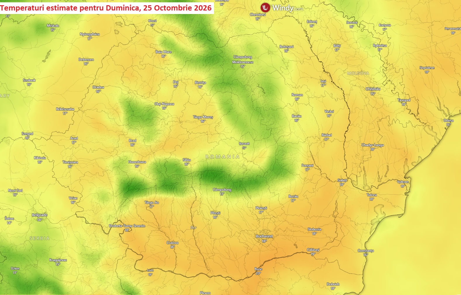 Temperaturi estimate pentru Duminică, 25 Octombrie 2026