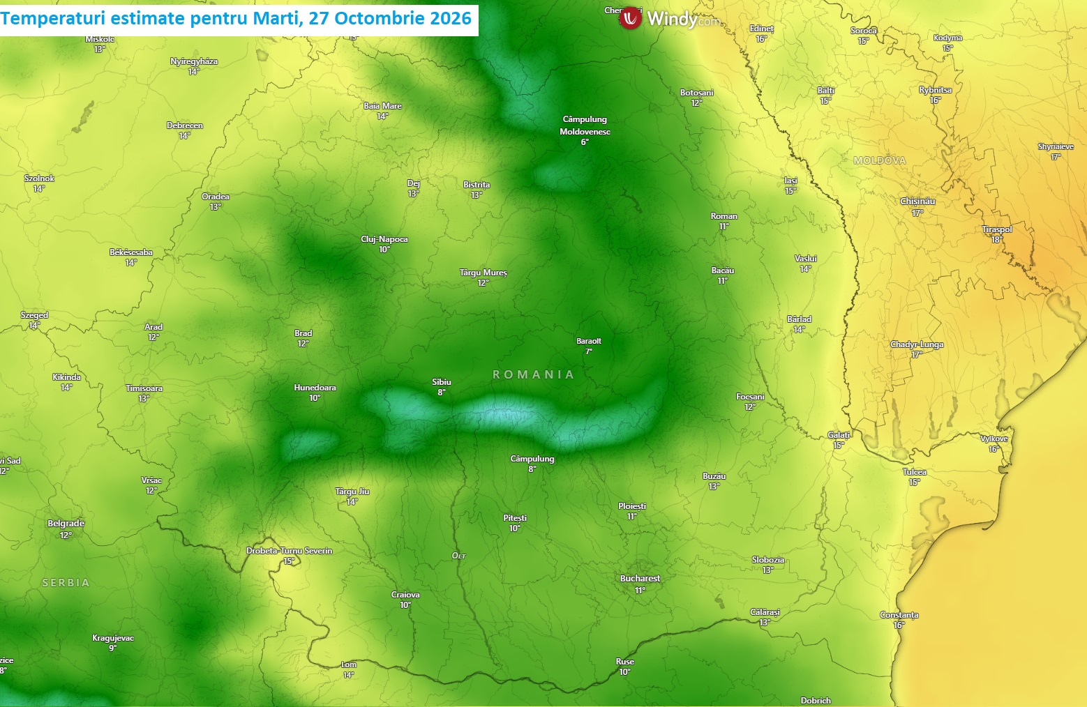 Temperaturi estimate pentru Marți, 27 Octombrie 2026