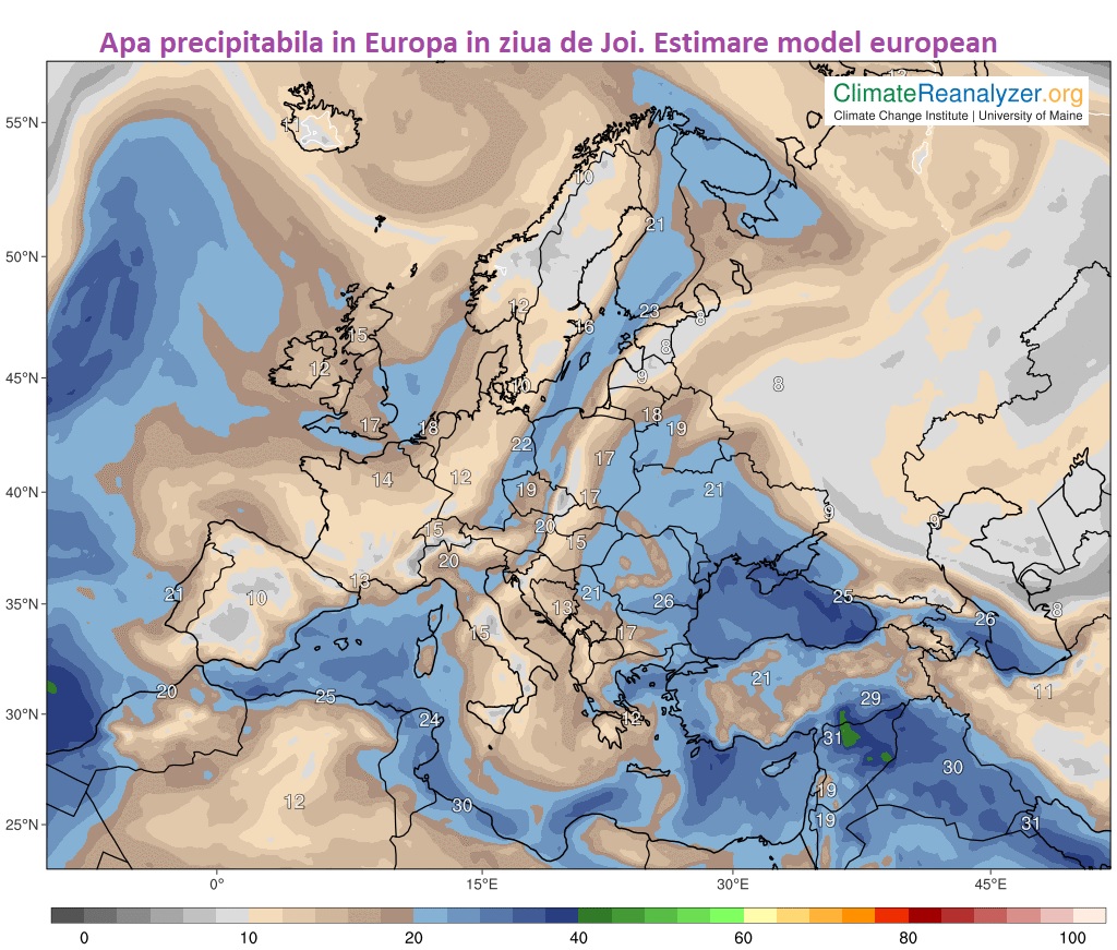Apa precipitabilă în ziua de Joi, 29 Octombrie 2026
