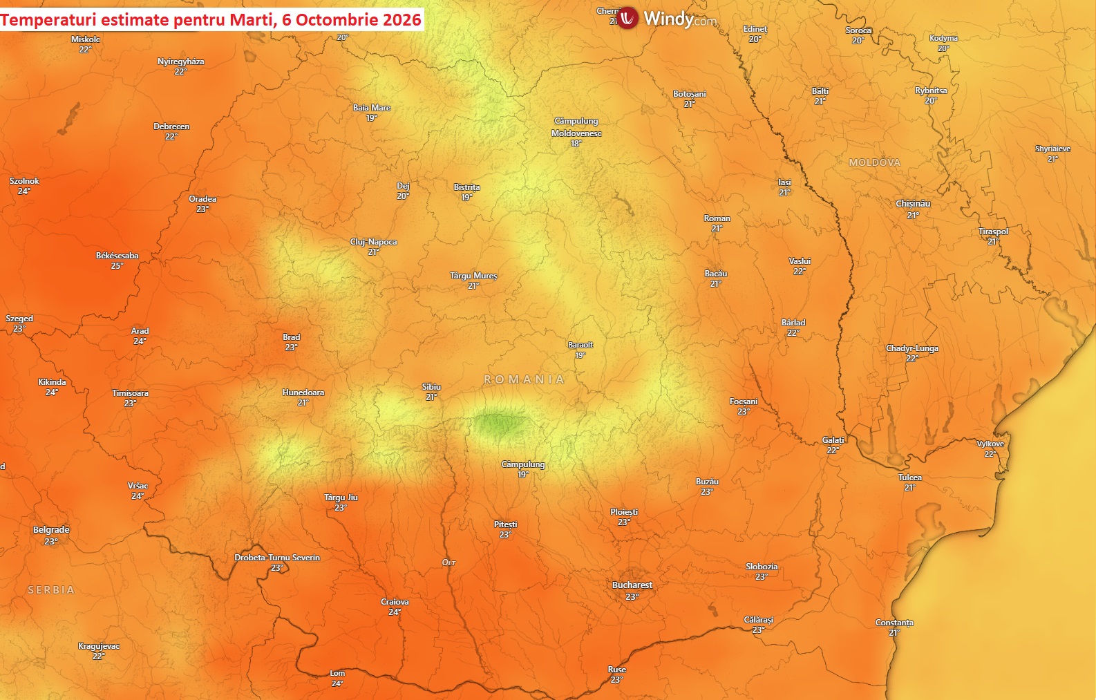 Temperaturi estimate pentru Marți, 6 Octombrie 2026