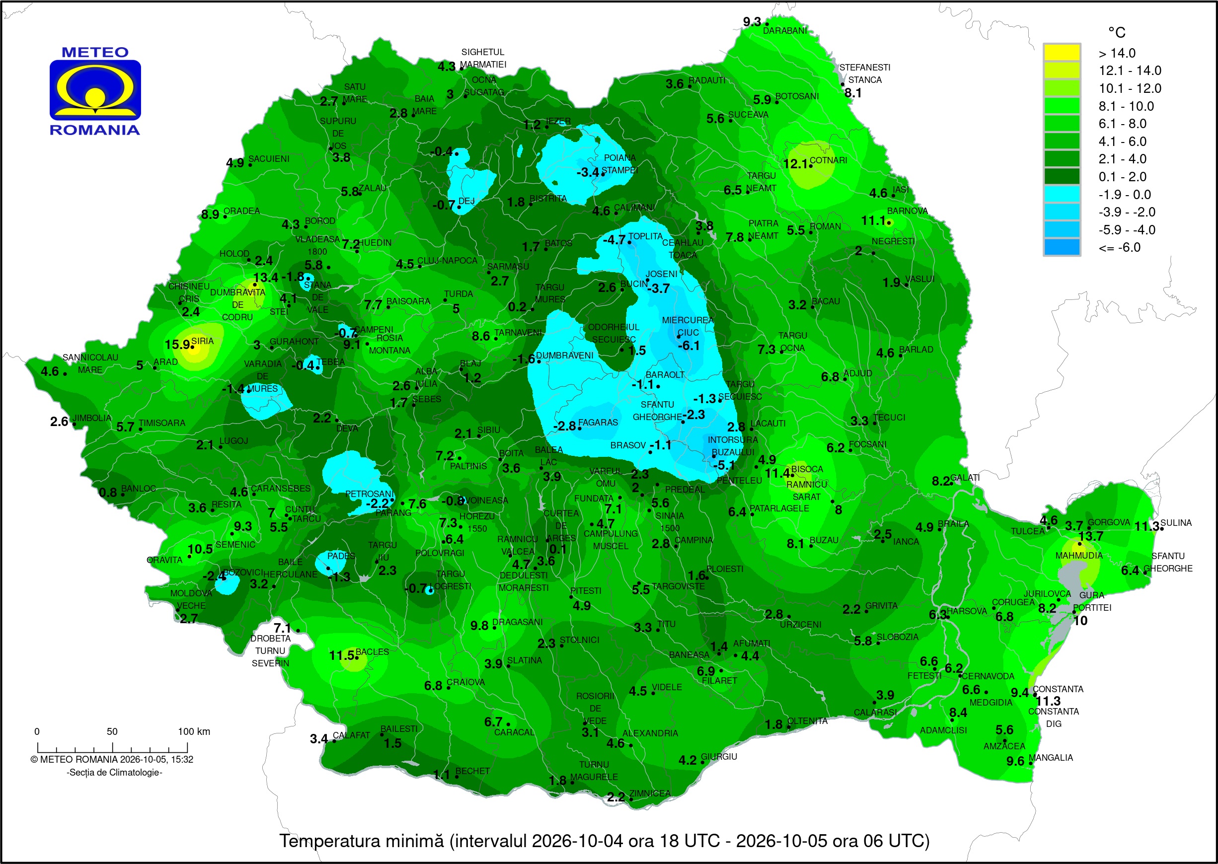Temperaturi înregistrate în dimineața zilei de Luni, 5 Octombrie 2026
