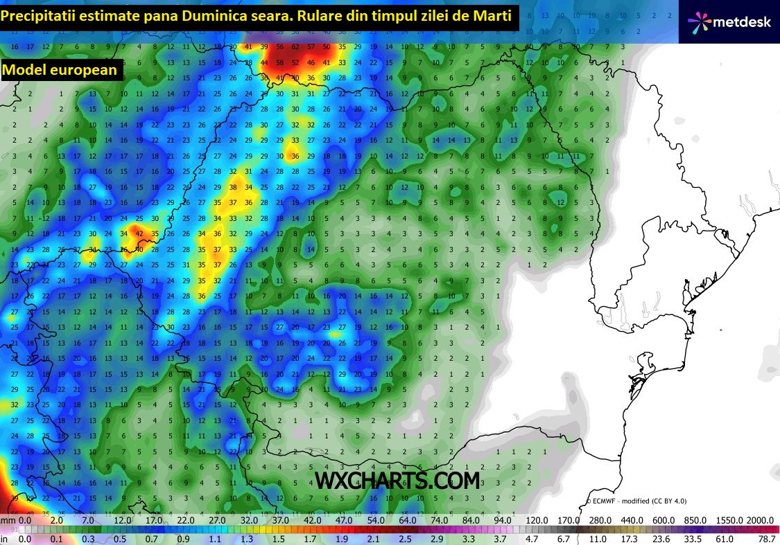 Precipitații estimate până Duminică. Rulare model european din timpul zilei de Marți