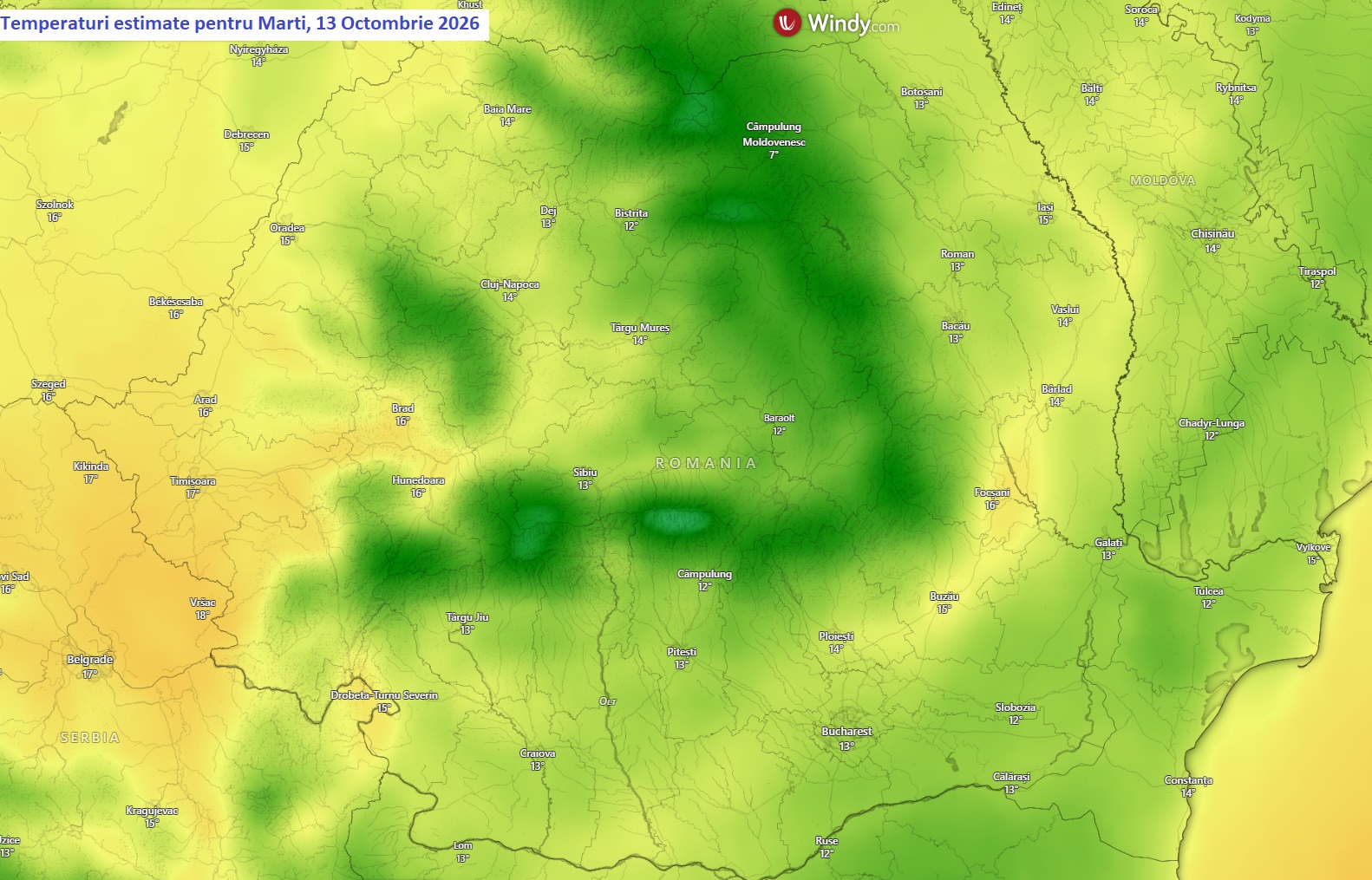 Temperaturi estimate pentru Marți, 13 Octombrie 2026