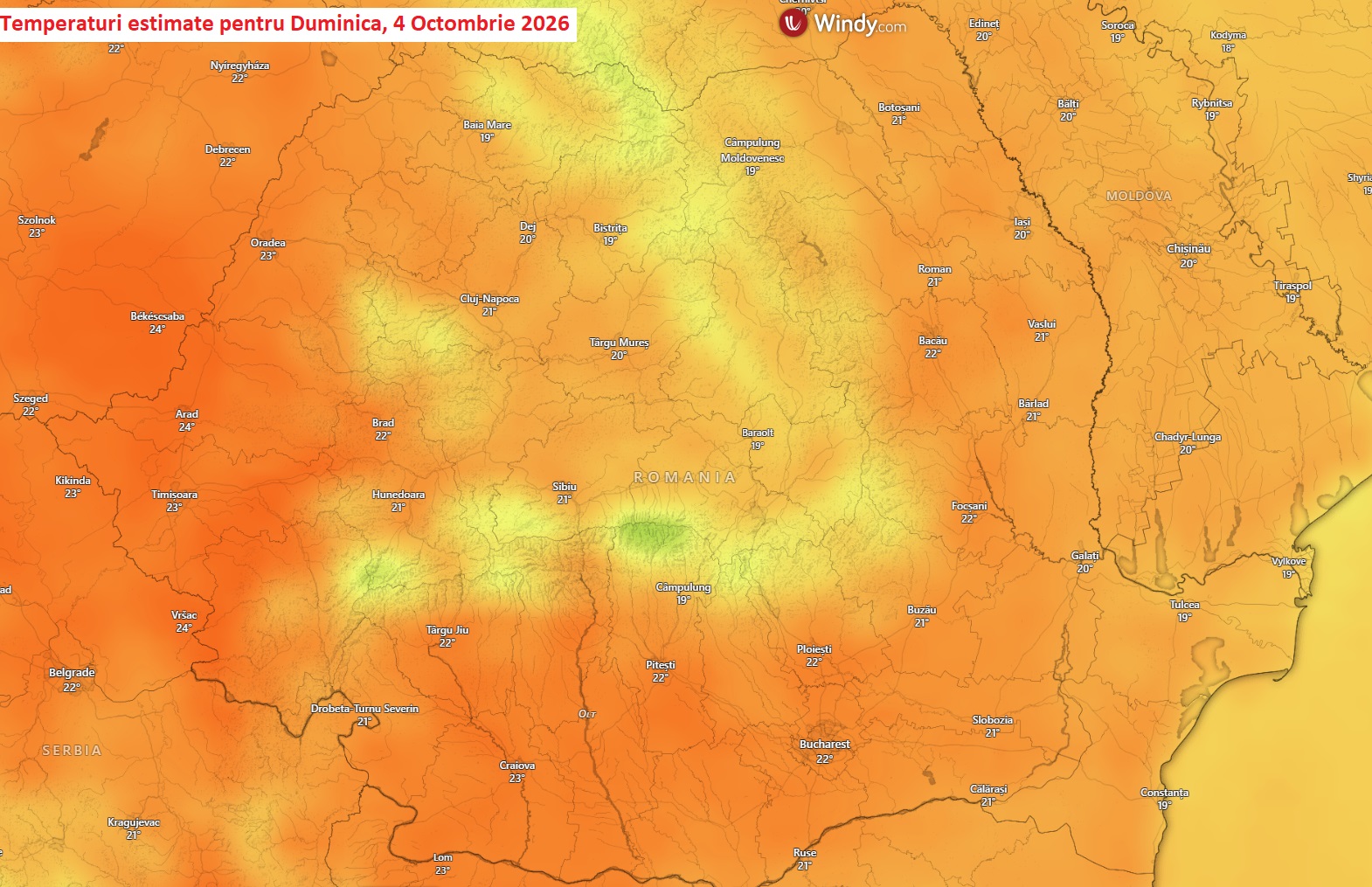 Temperaturi estimate pentru Duminica, 4 Octombrie 2026