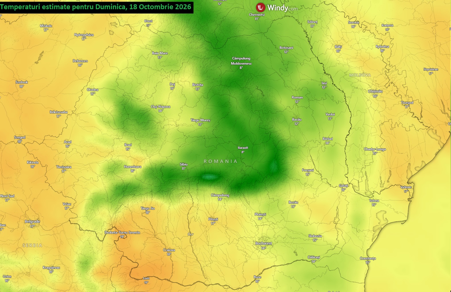 Temperaturi estimate pentru Duminică, 18 Octombrie 2026