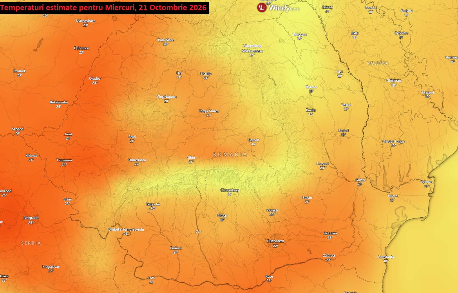 Temperaturi estimate pentru Miercuri, 21 Octombrie 2026