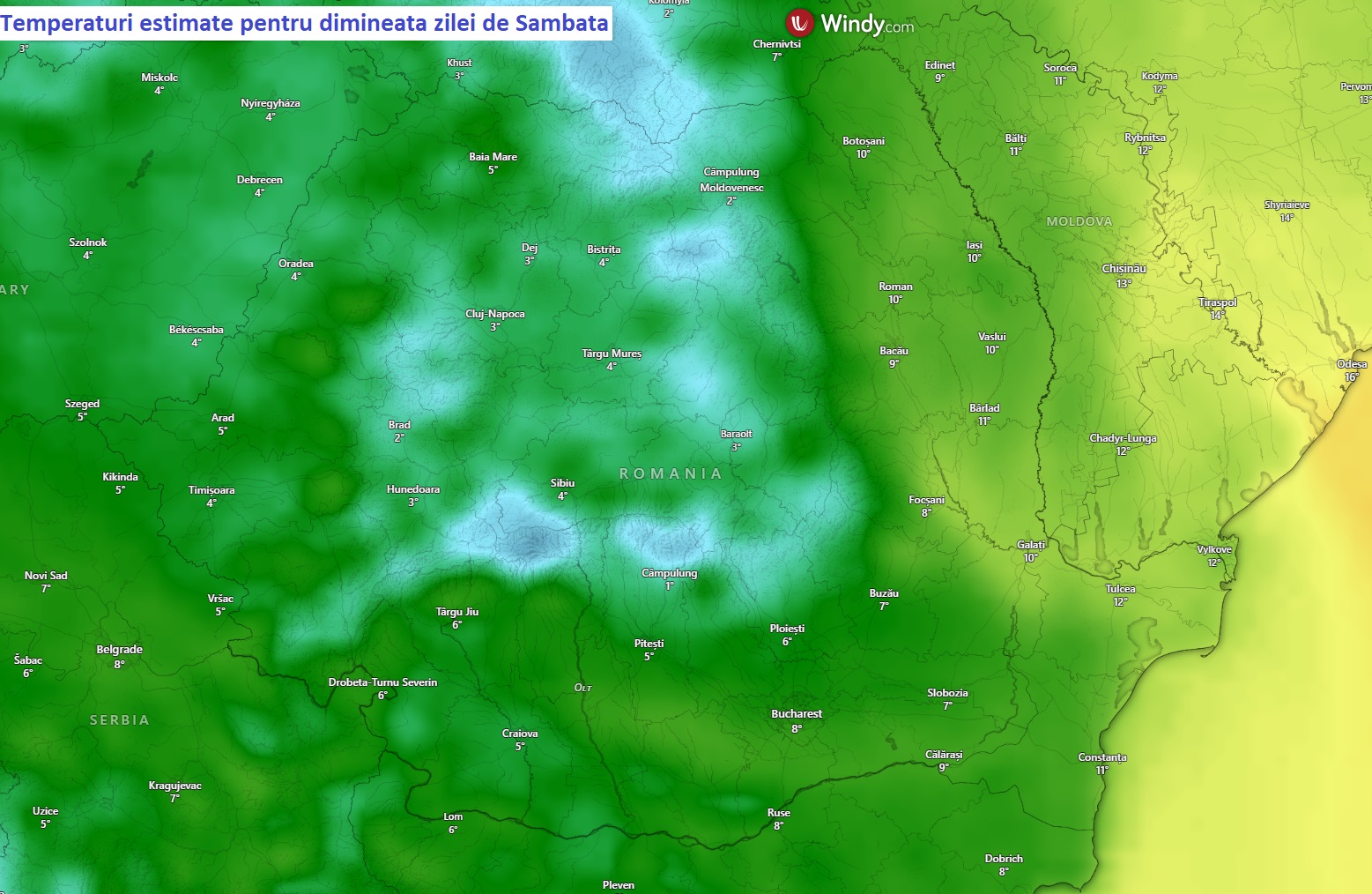 Temperaturi estimate pentru Sâmbătă, 24 Octombrie dimineața