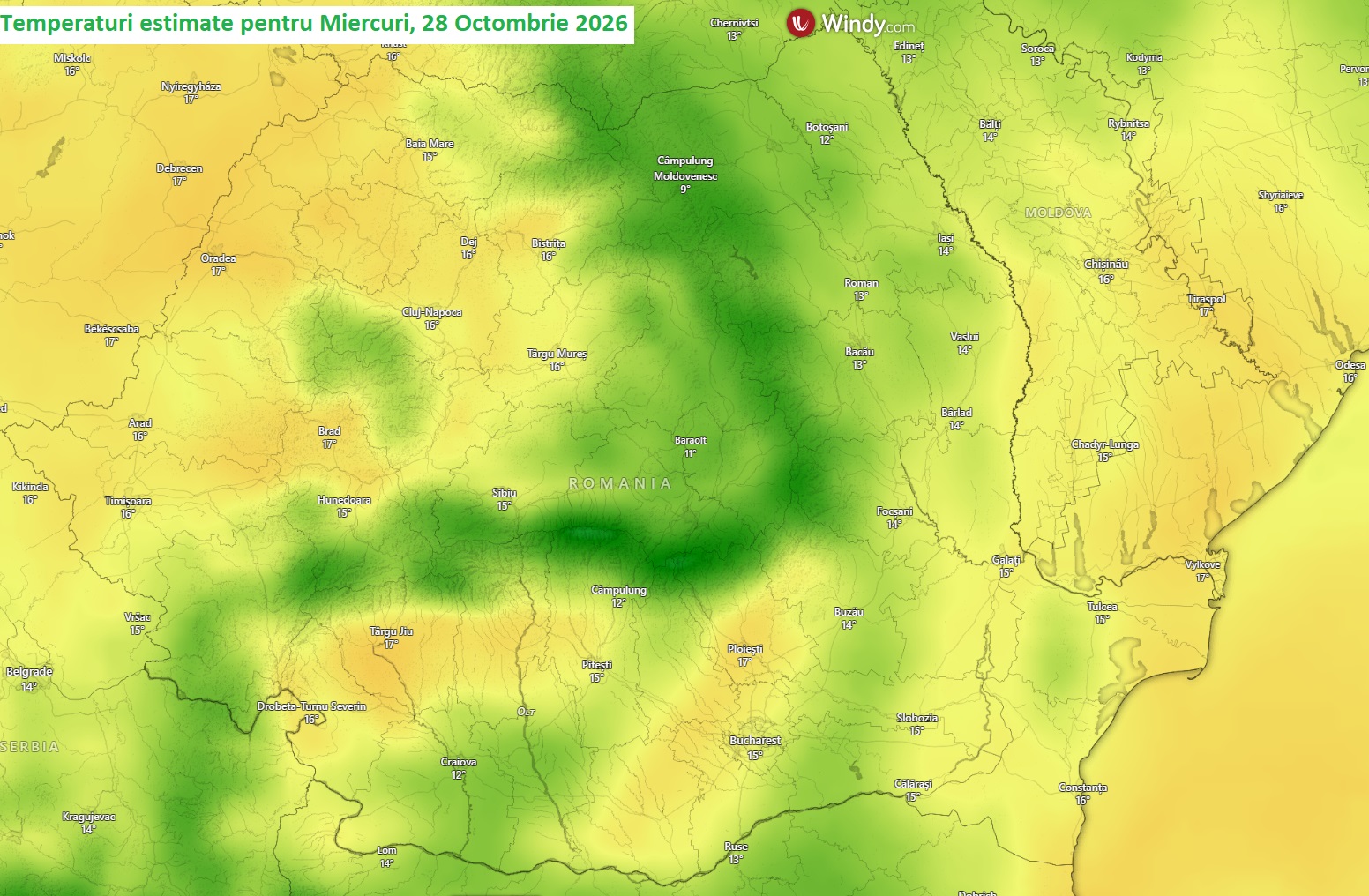 Temperaturi estimate pentru Miercuri, 28 Octombrie 2026