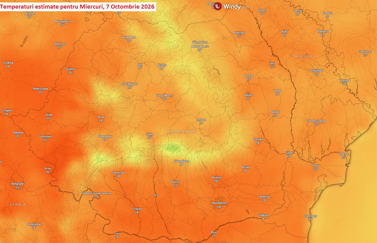 Temperaturi estimate pentru Miercuri, 7 Octombrie 2026