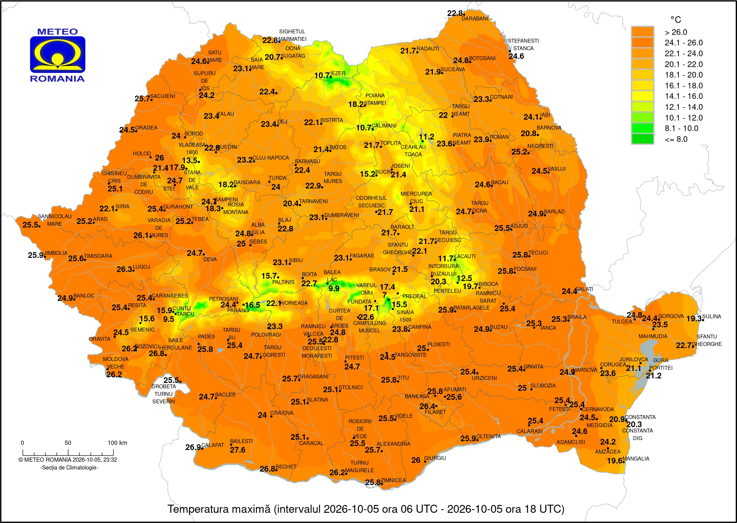 Temperaturi înregistrate în ziua de Luni, 5 Octombrie 2026