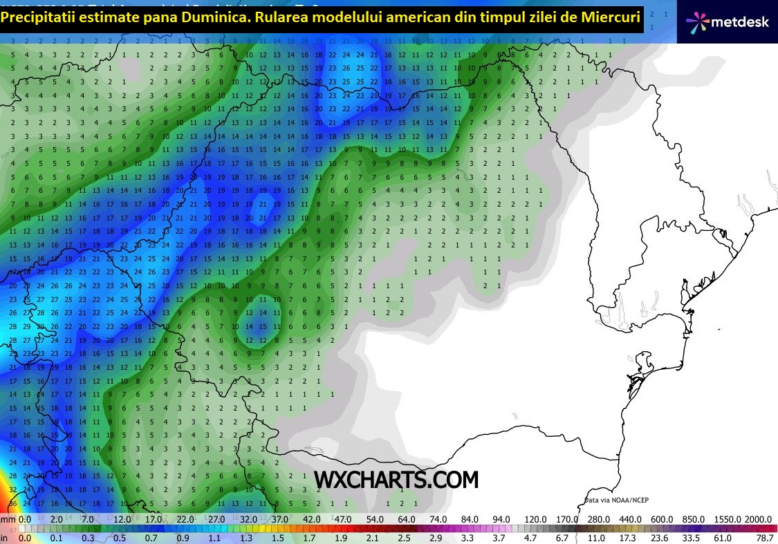 Precipitații estimate până Duminică seara. Model american