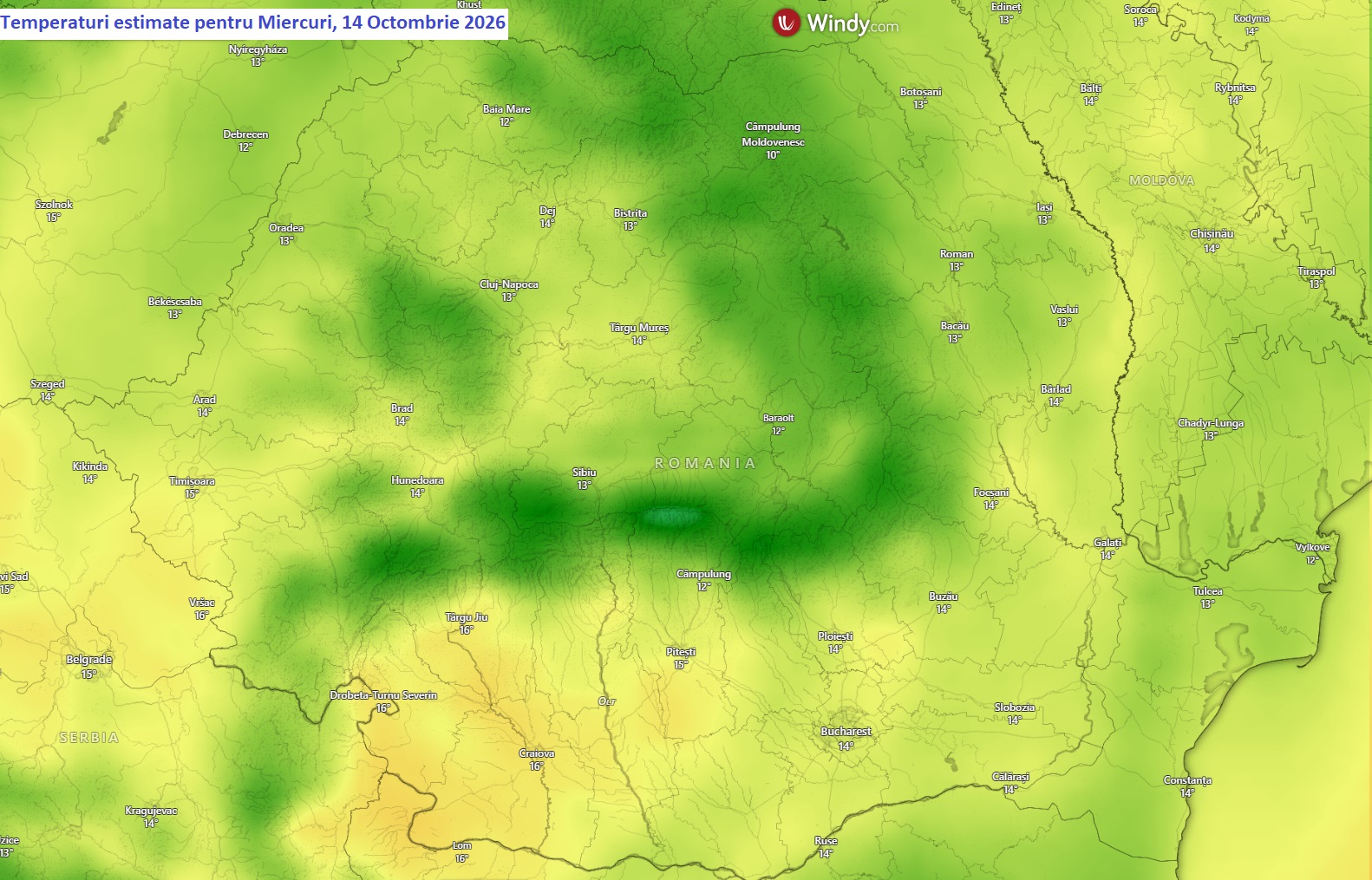 Temperaturi estimate pentru Miercuri, 14 Octombrie 2026