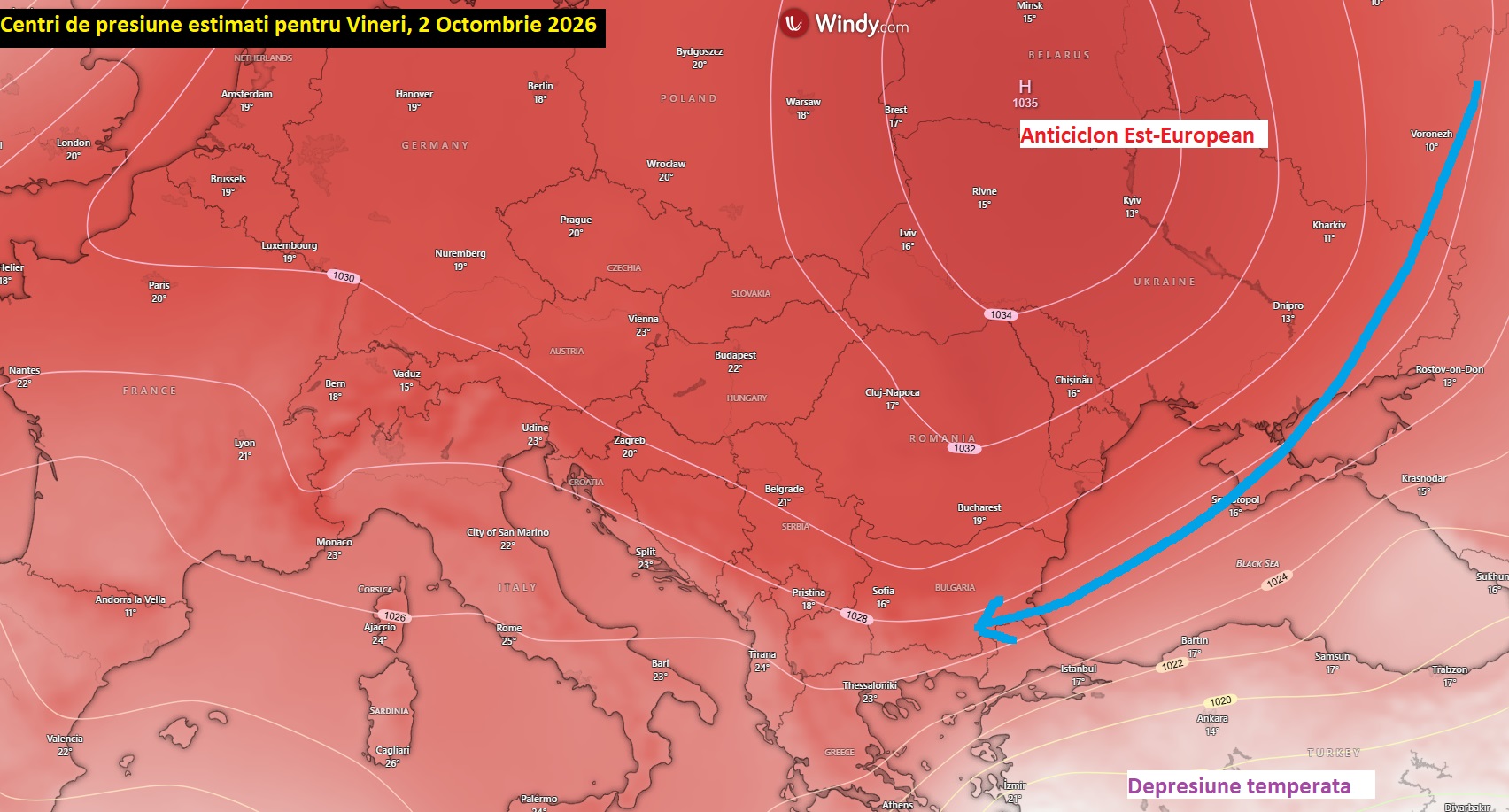Centri de presiune estimati pentru Vineri, 2 Octombrie 2026