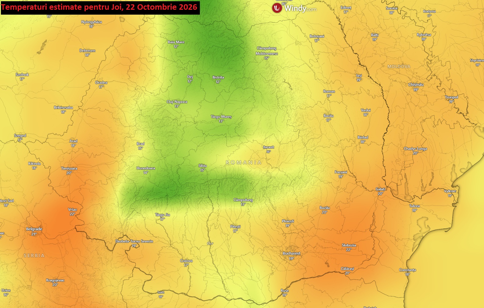 Temperaturi estimate pentru Joi, 22 Octombrie 2026