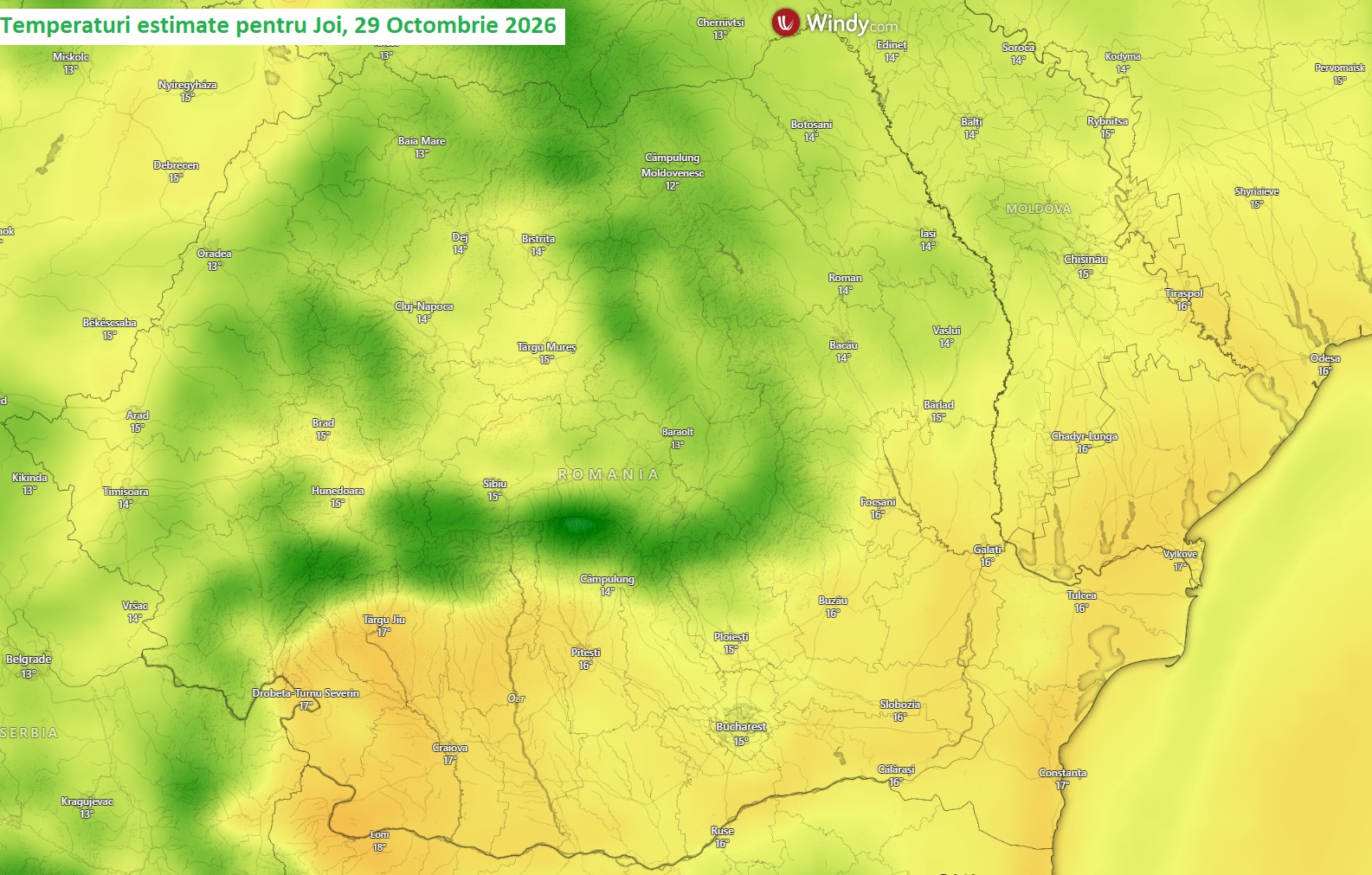 Temperaturi estimate pentru Joi, 29 Octombrie 2026