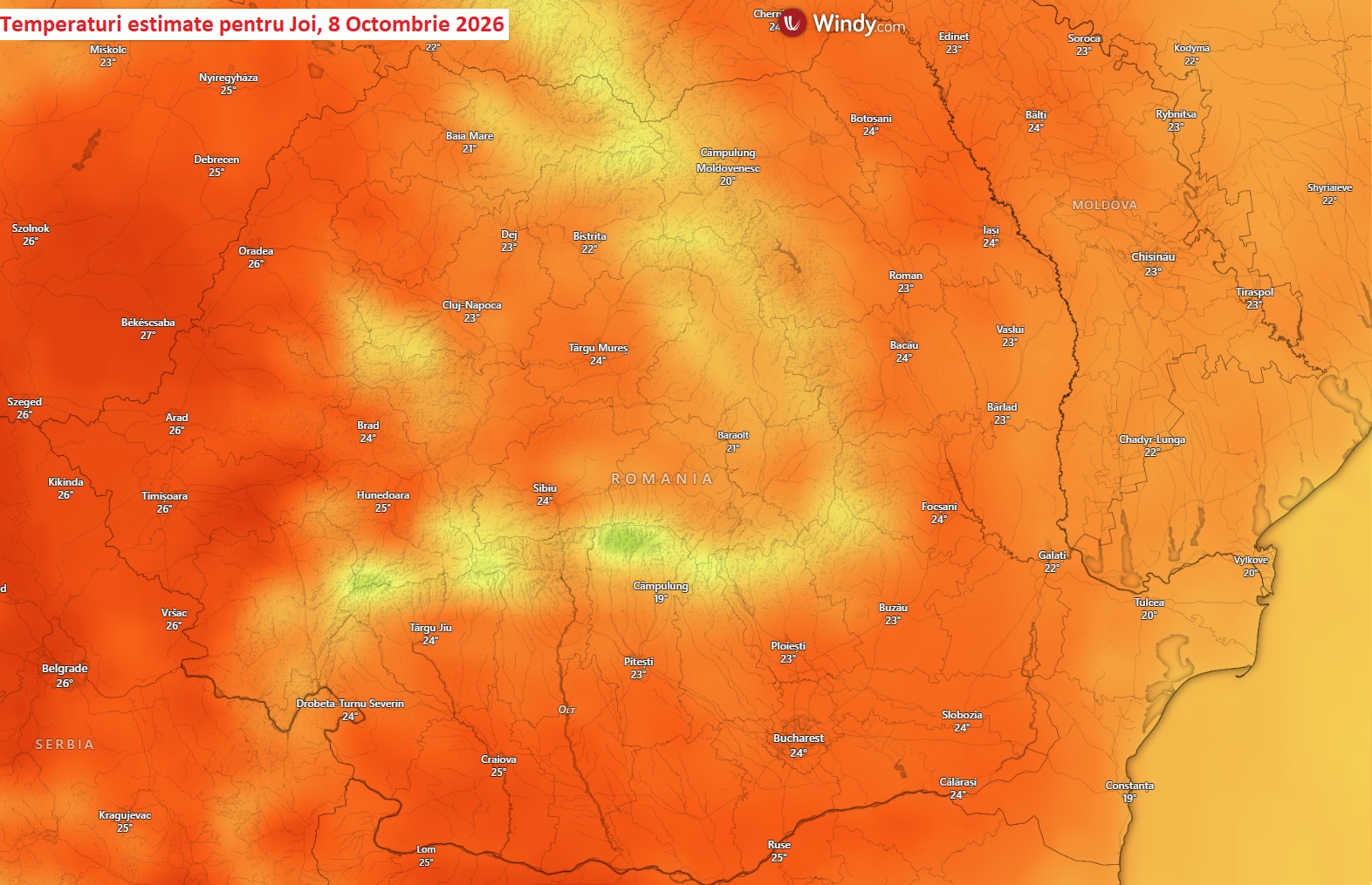 Temperaturi estimate pentru Joi, 8 Octombrie 2026
