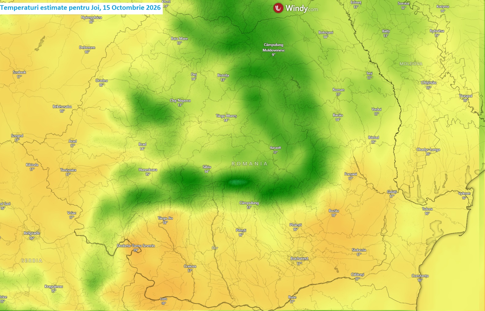 Temperaturi estimate pentru Joi, 15 Octombrie 2026